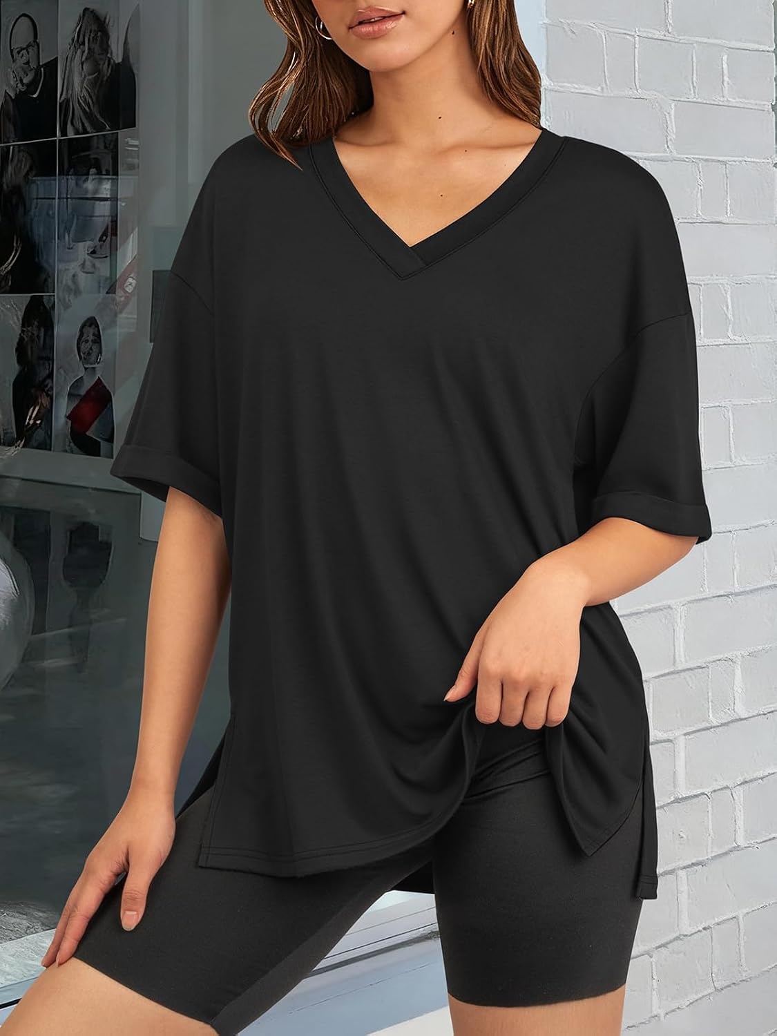 image:imageATHMILE Oversized Tshirts for Women Summer 2026 V Neck Casual Workout Plus Size Tops Spring Fashion Cute Basic Trendy OutfitsBlack