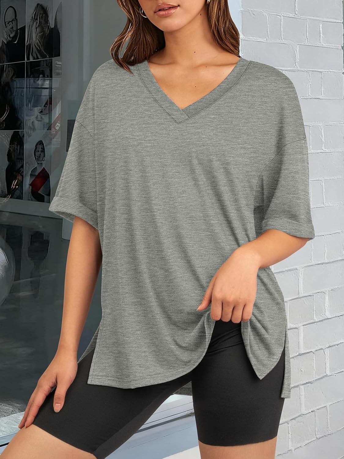 image:imageATHMILE Oversized Tshirts for Women Summer 2026 V Neck Casual Workout Plus Size Tops Spring Fashion Cute Basic Trendy OutfitsGrey