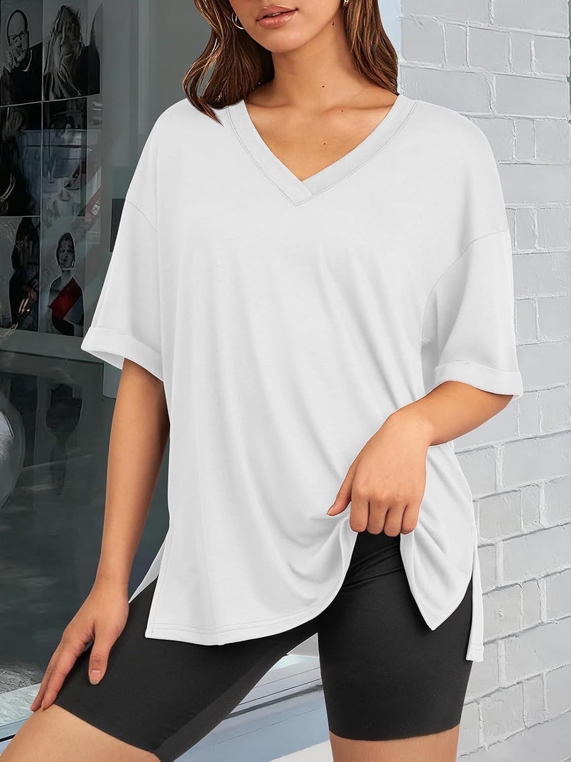 image:imageATHMILE Oversized Tshirts for Women Summer 2026 V Neck Casual Workout Plus Size Tops Spring Fashion Cute Basic Trendy OutfitsWhite
