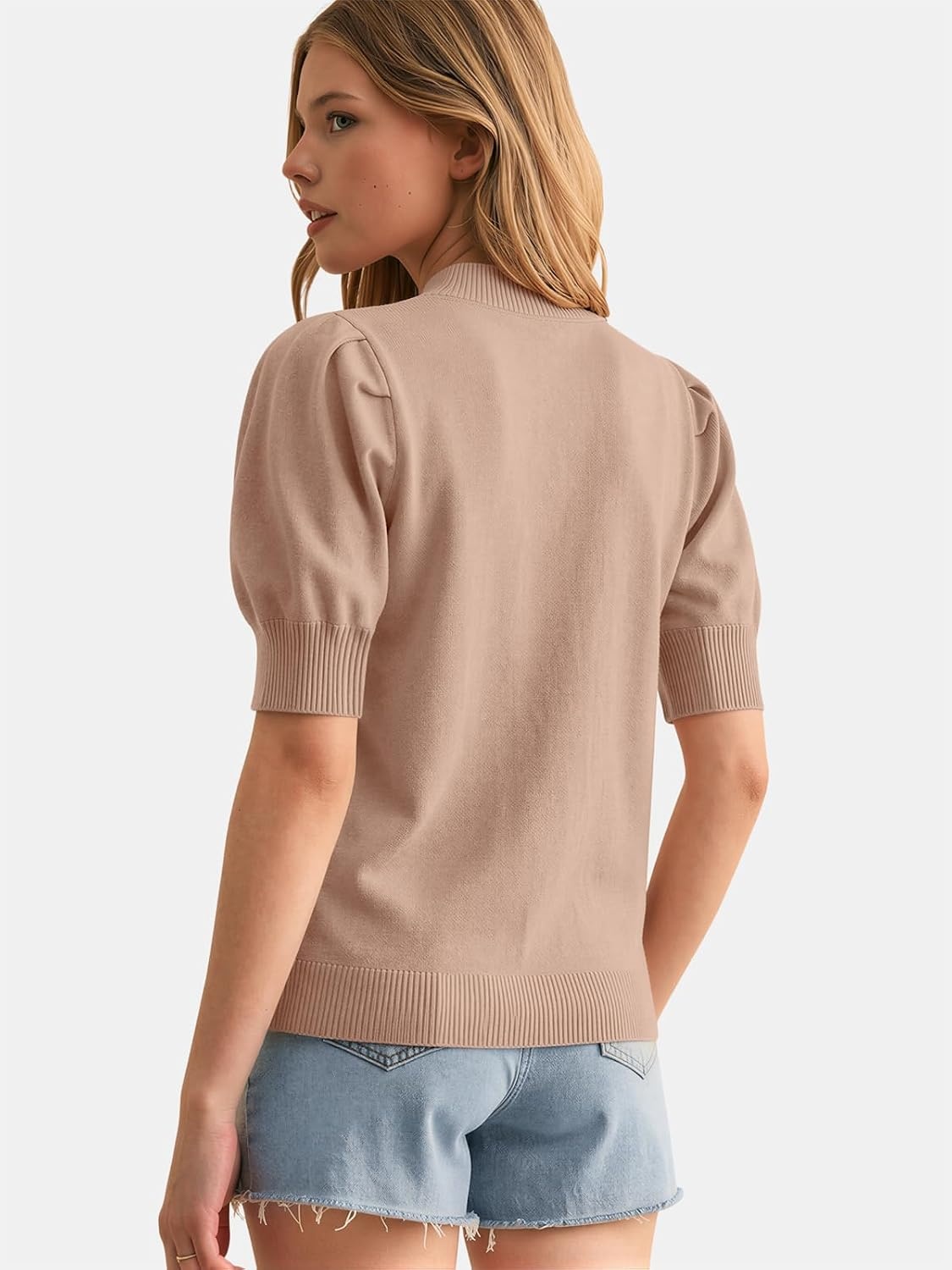image:imageATHMILE Short Sleeve Sweater for Women 2026 Spring Summer Blouses Crewneck Knit Puff Sleeve Dressy Casual Trendy ShirtsAbeige