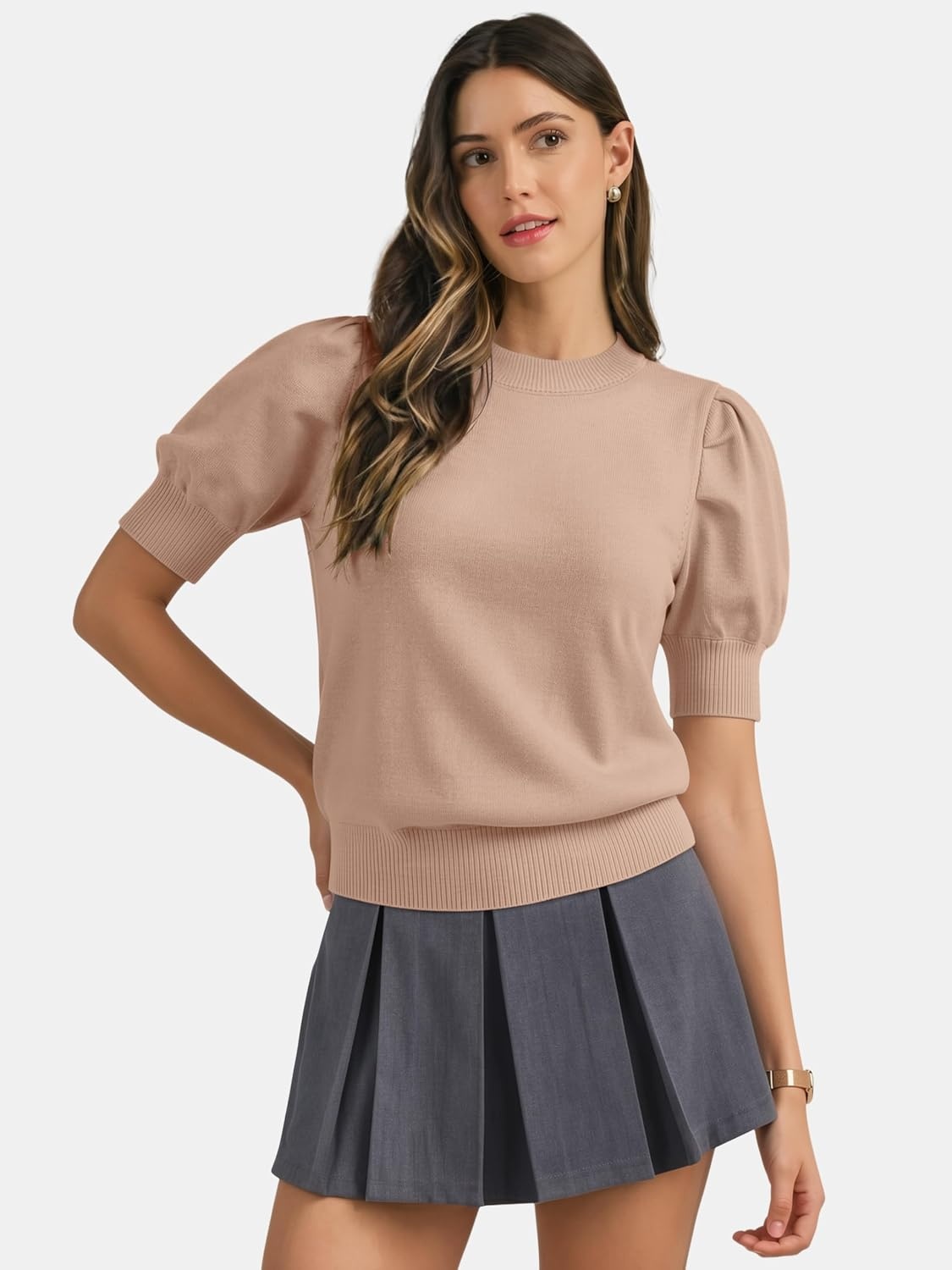 image:imageATHMILE Short Sleeve Sweater for Women 2026 Spring Summer Blouses Crewneck Knit Puff Sleeve Dressy Casual Trendy ShirtsAbeige