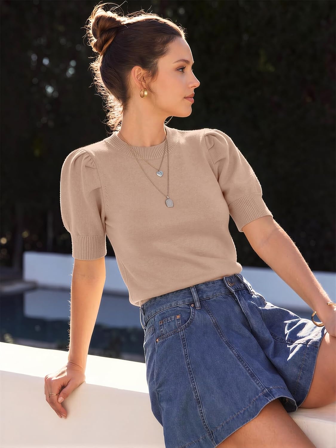 image:imageATHMILE Short Sleeve Sweater for Women 2026 Spring Summer Blouses Crewneck Knit Puff Sleeve Dressy Casual Trendy ShirtsAbeige
