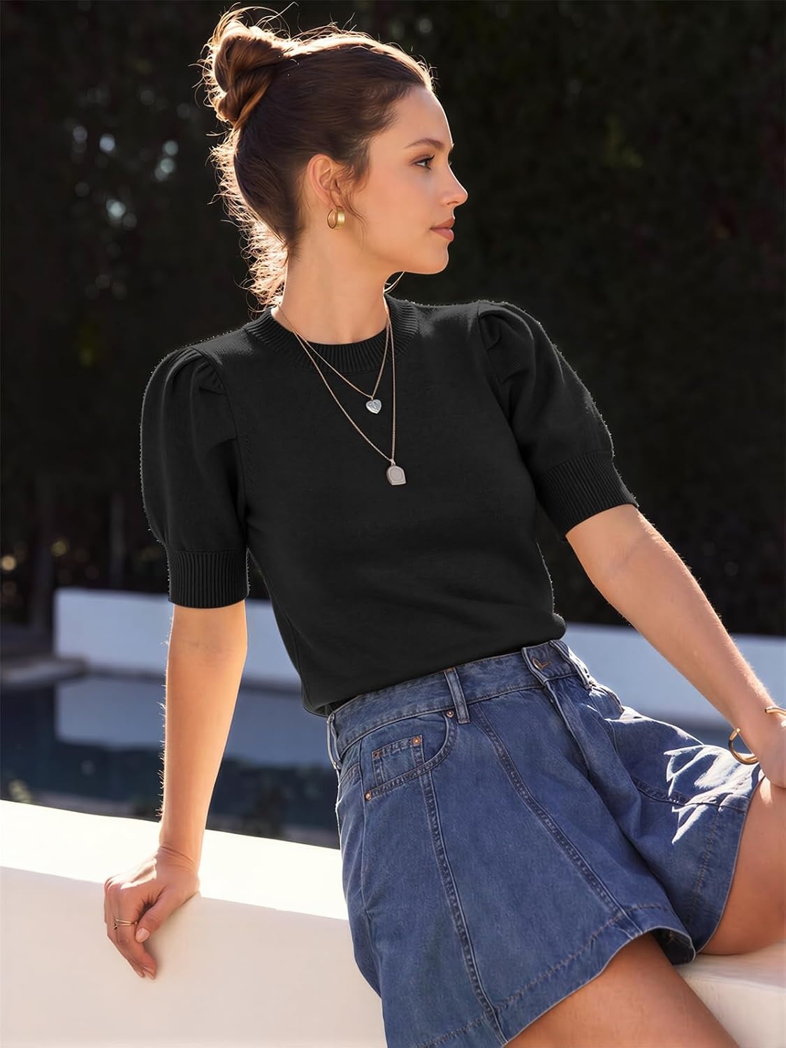 image:imageATHMILE Short Sleeve Sweater for Women 2026 Spring Summer Blouses Crewneck Knit Puff Sleeve Dressy Casual Trendy ShirtsAblack