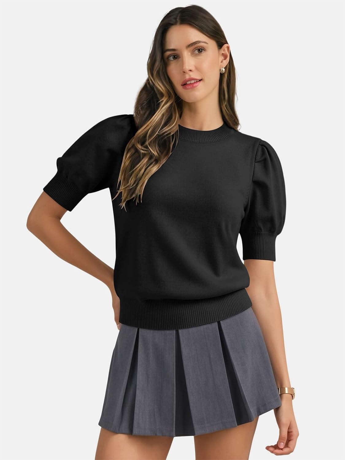 image:imageATHMILE Short Sleeve Sweater for Women 2026 Spring Summer Blouses Crewneck Knit Puff Sleeve Dressy Casual Trendy ShirtsAblack