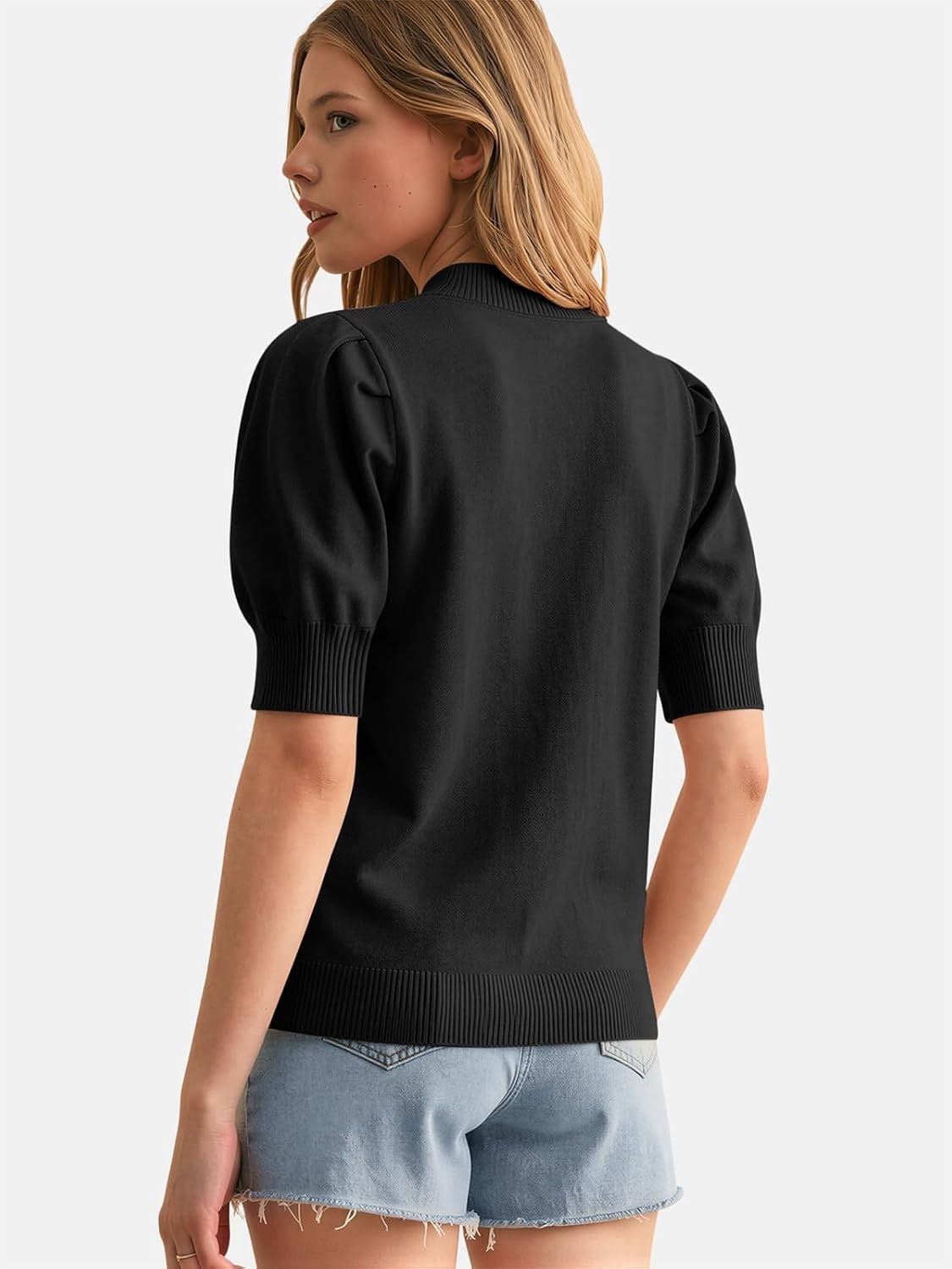 image:imageATHMILE Short Sleeve Sweater for Women 2026 Spring Summer Blouses Crewneck Knit Puff Sleeve Dressy Casual Trendy ShirtsAblack