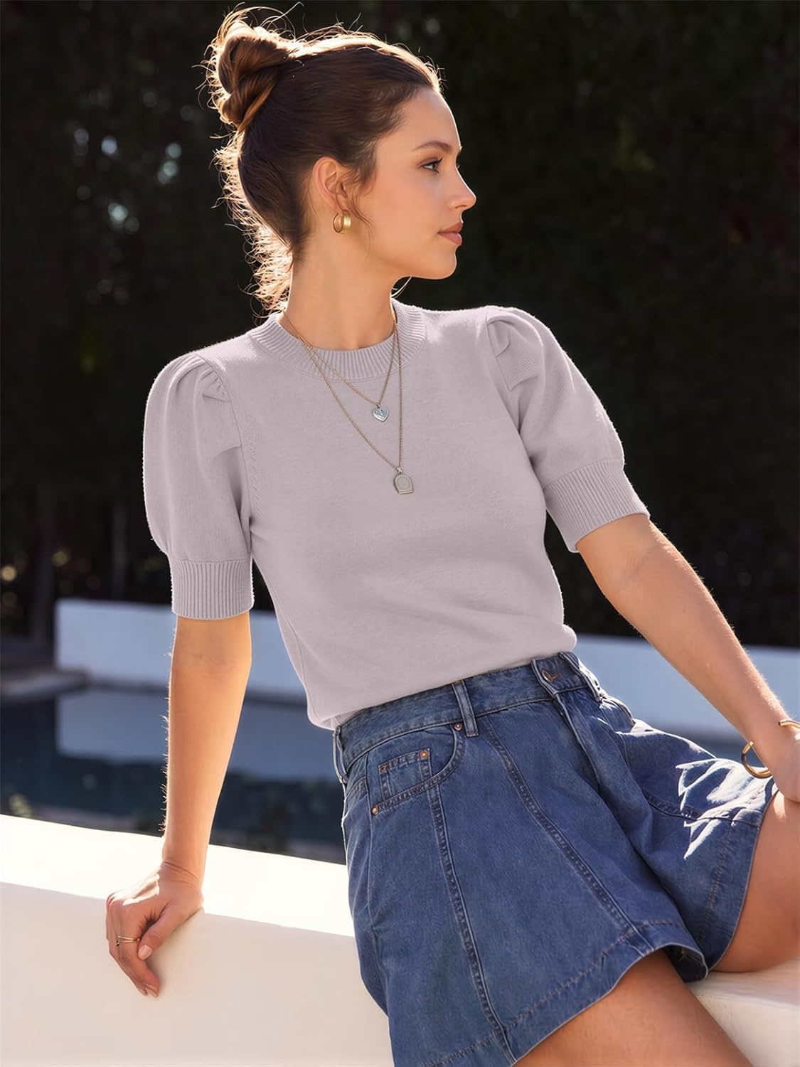 image:imageATHMILE Short Sleeve Sweater for Women 2026 Spring Summer Blouses Crewneck Knit Puff Sleeve Dressy Casual Trendy ShirtsAgreypurple