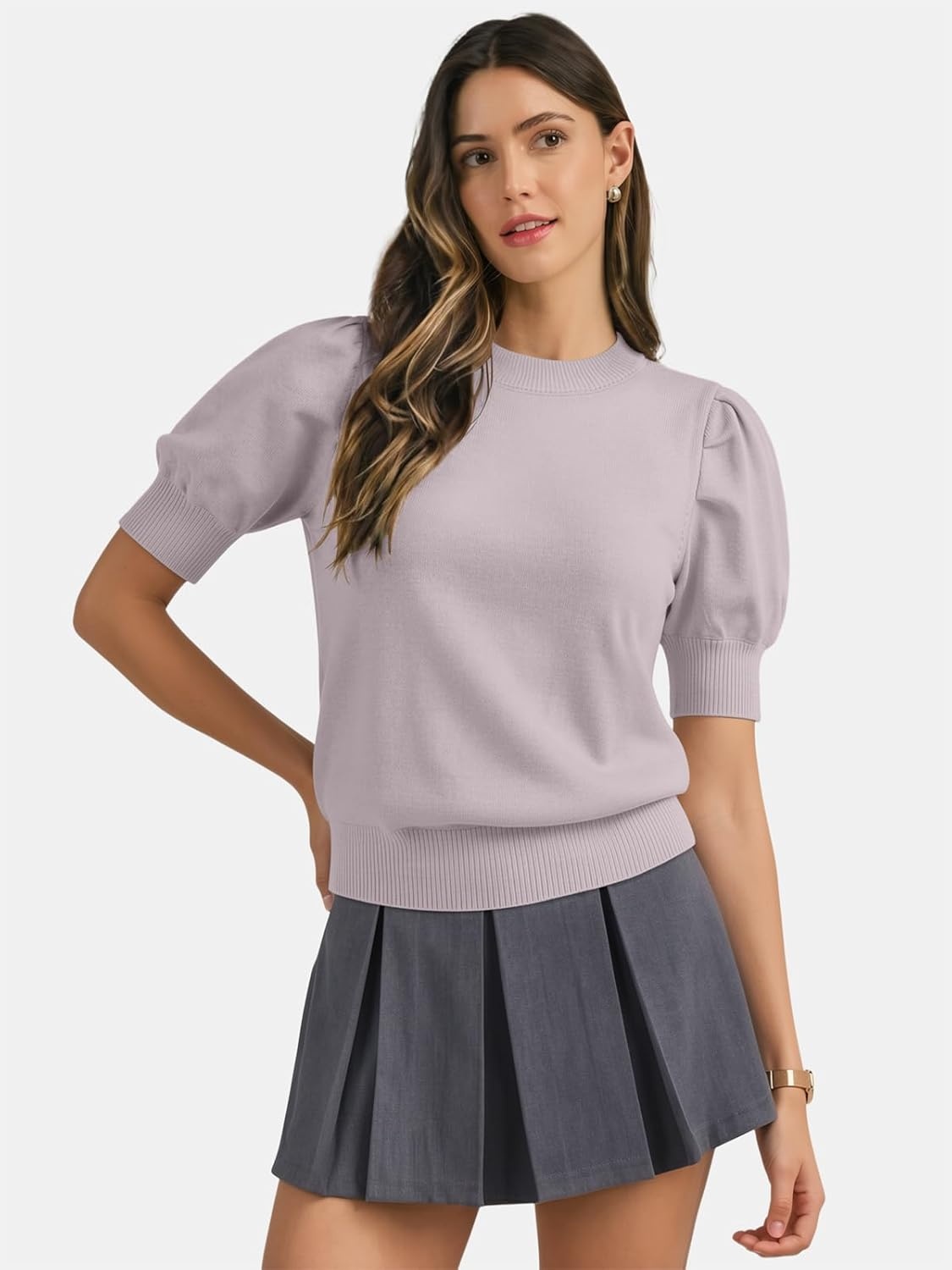 image:imageATHMILE Short Sleeve Sweater for Women 2026 Spring Summer Blouses Crewneck Knit Puff Sleeve Dressy Casual Trendy ShirtsAgreypurple