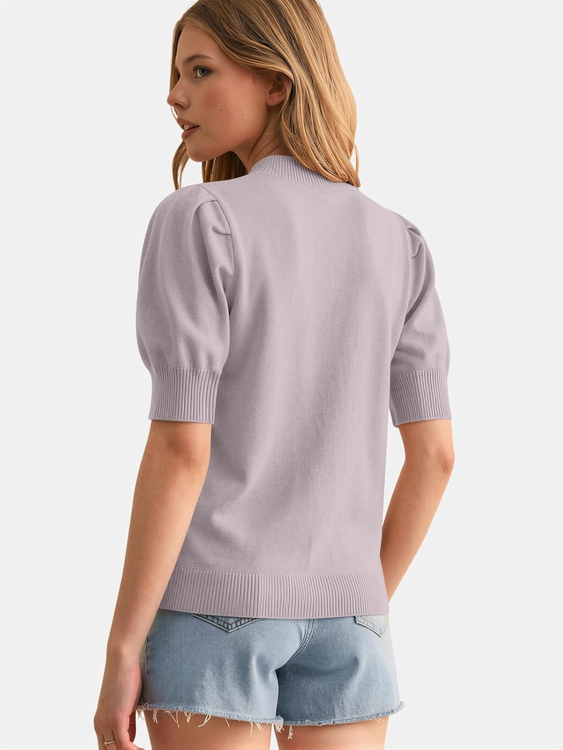 image:imageATHMILE Short Sleeve Sweater for Women 2026 Spring Summer Blouses Crewneck Knit Puff Sleeve Dressy Casual Trendy ShirtsAgreypurple