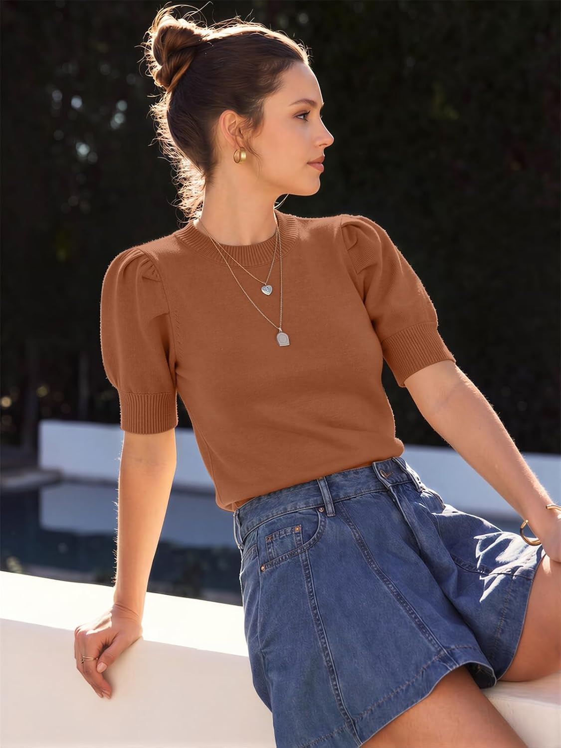 image:imageATHMILE Short Sleeve Sweater for Women 2026 Spring Summer Blouses Crewneck Knit Puff Sleeve Dressy Casual Trendy ShirtsAlight Orange