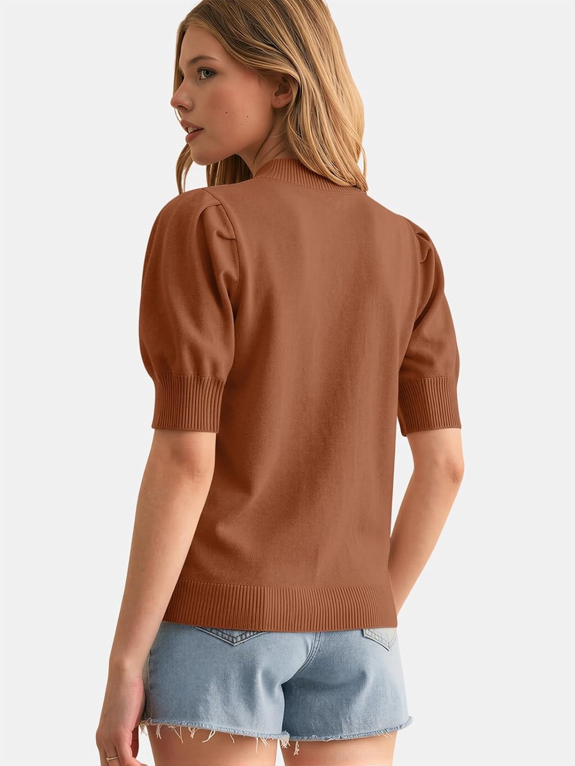image:imageATHMILE Short Sleeve Sweater for Women 2026 Spring Summer Blouses Crewneck Knit Puff Sleeve Dressy Casual Trendy ShirtsAlight Orange