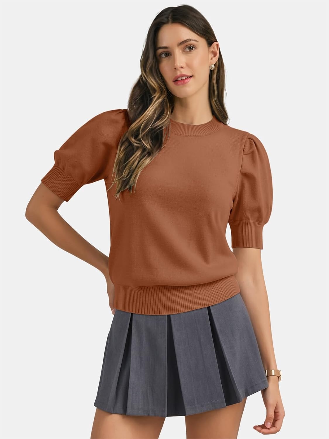 image:imageATHMILE Short Sleeve Sweater for Women 2026 Spring Summer Blouses Crewneck Knit Puff Sleeve Dressy Casual Trendy ShirtsAlight Orange