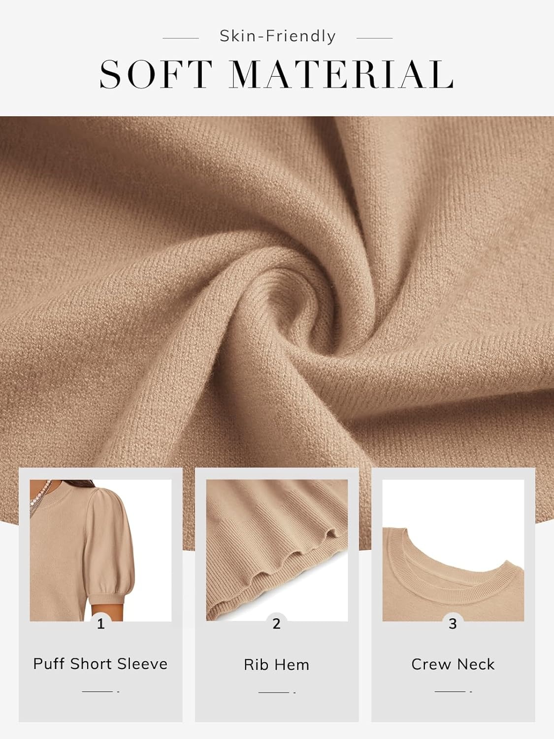 image:imageATHMILE Short Sleeve Sweater for Women 2026 Spring Summer Blouses Crewneck Knit Puff Sleeve Dressy Casual Trendy ShirtsSbeige