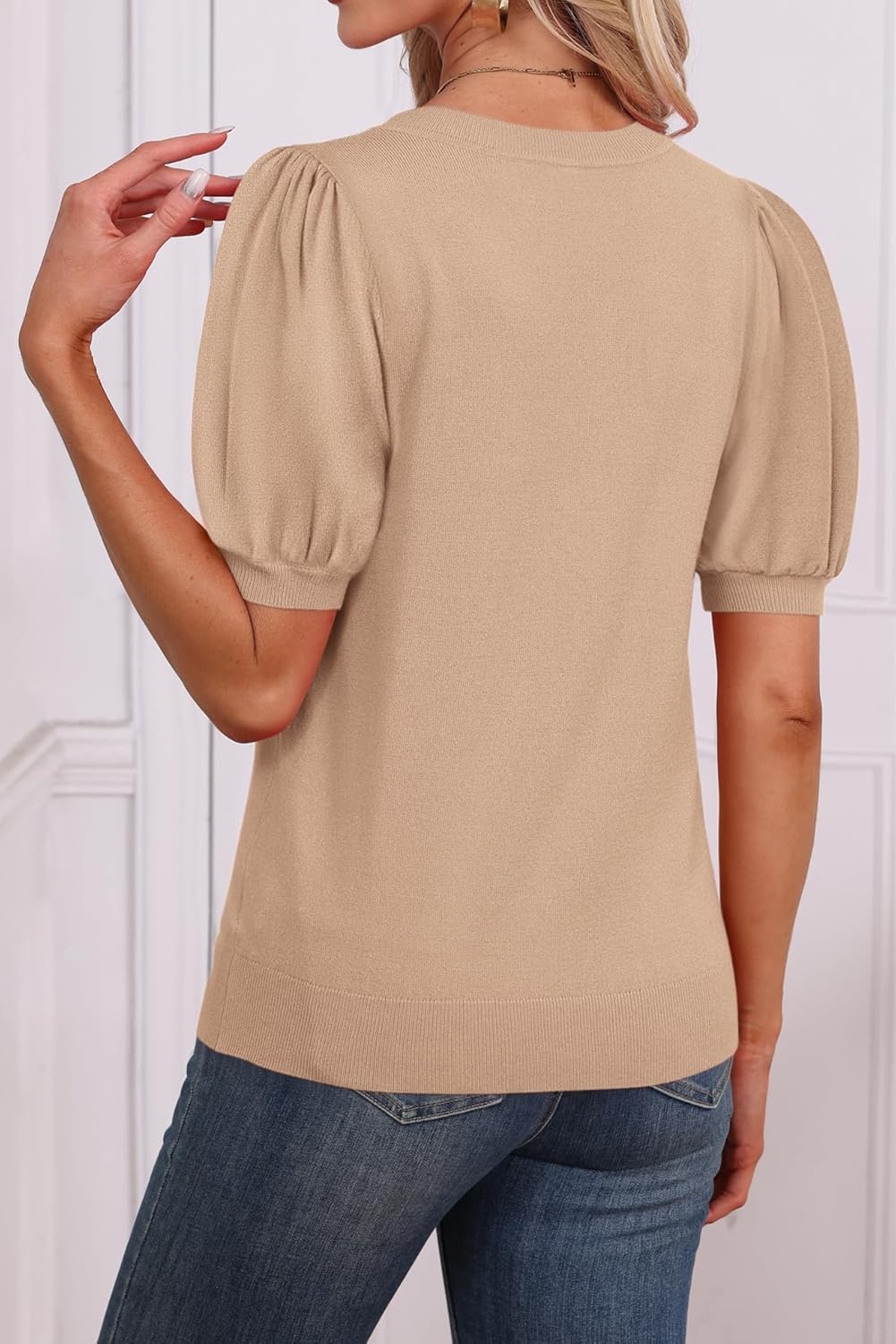 image:imageATHMILE Short Sleeve Sweater for Women 2026 Spring Summer Blouses Crewneck Knit Puff Sleeve Dressy Casual Trendy ShirtsSbeige