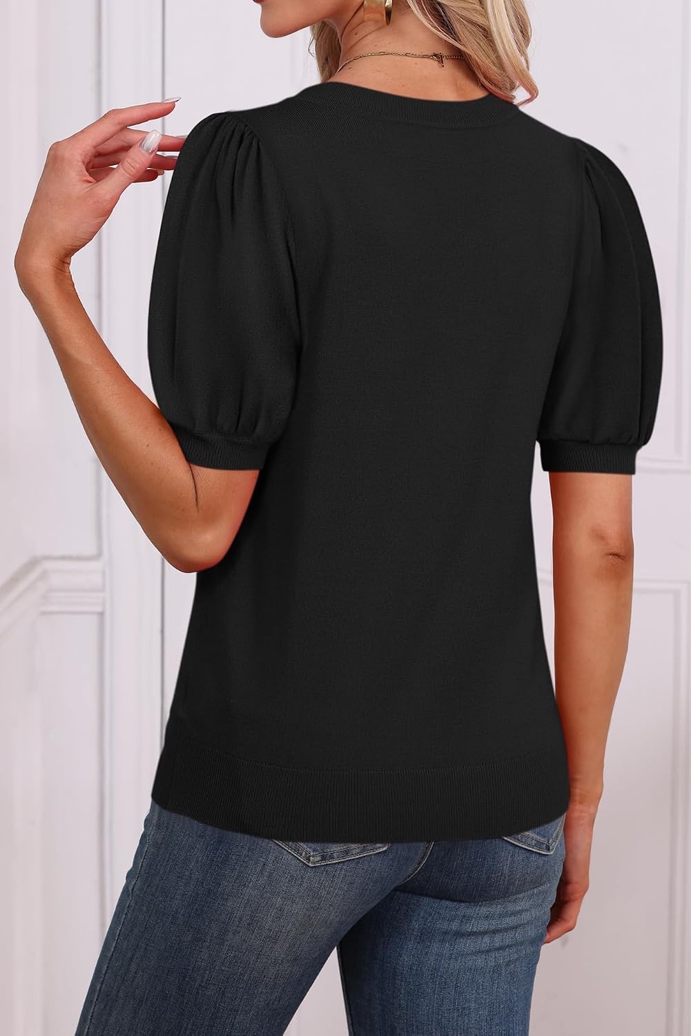 image:imageATHMILE Short Sleeve Sweater for Women 2026 Spring Summer Blouses Crewneck Knit Puff Sleeve Dressy Casual Trendy ShirtsSblack