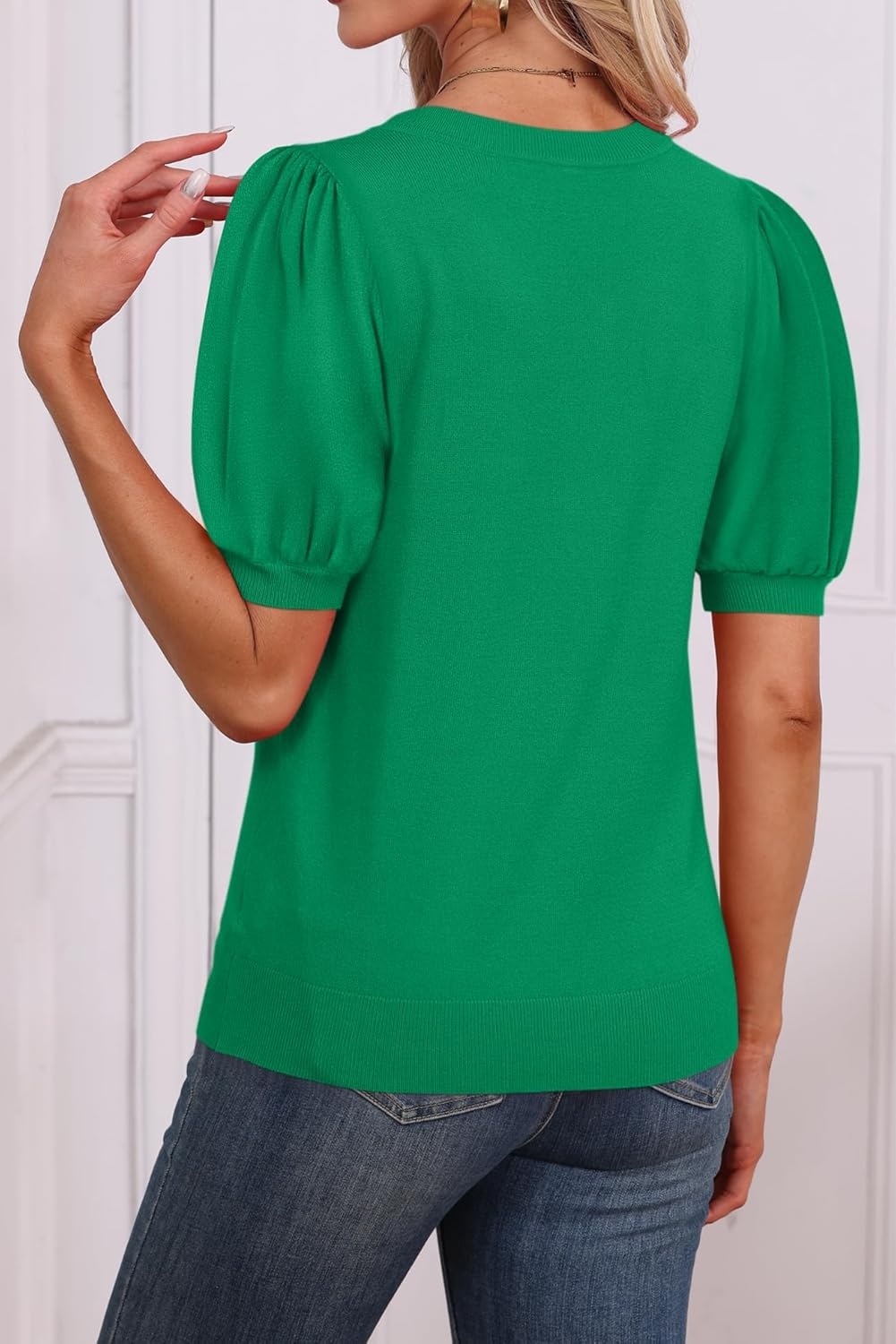 image:imageATHMILE Short Sleeve Sweater for Women 2026 Spring Summer Blouses Crewneck Knit Puff Sleeve Dressy Casual Trendy ShirtsSgreen