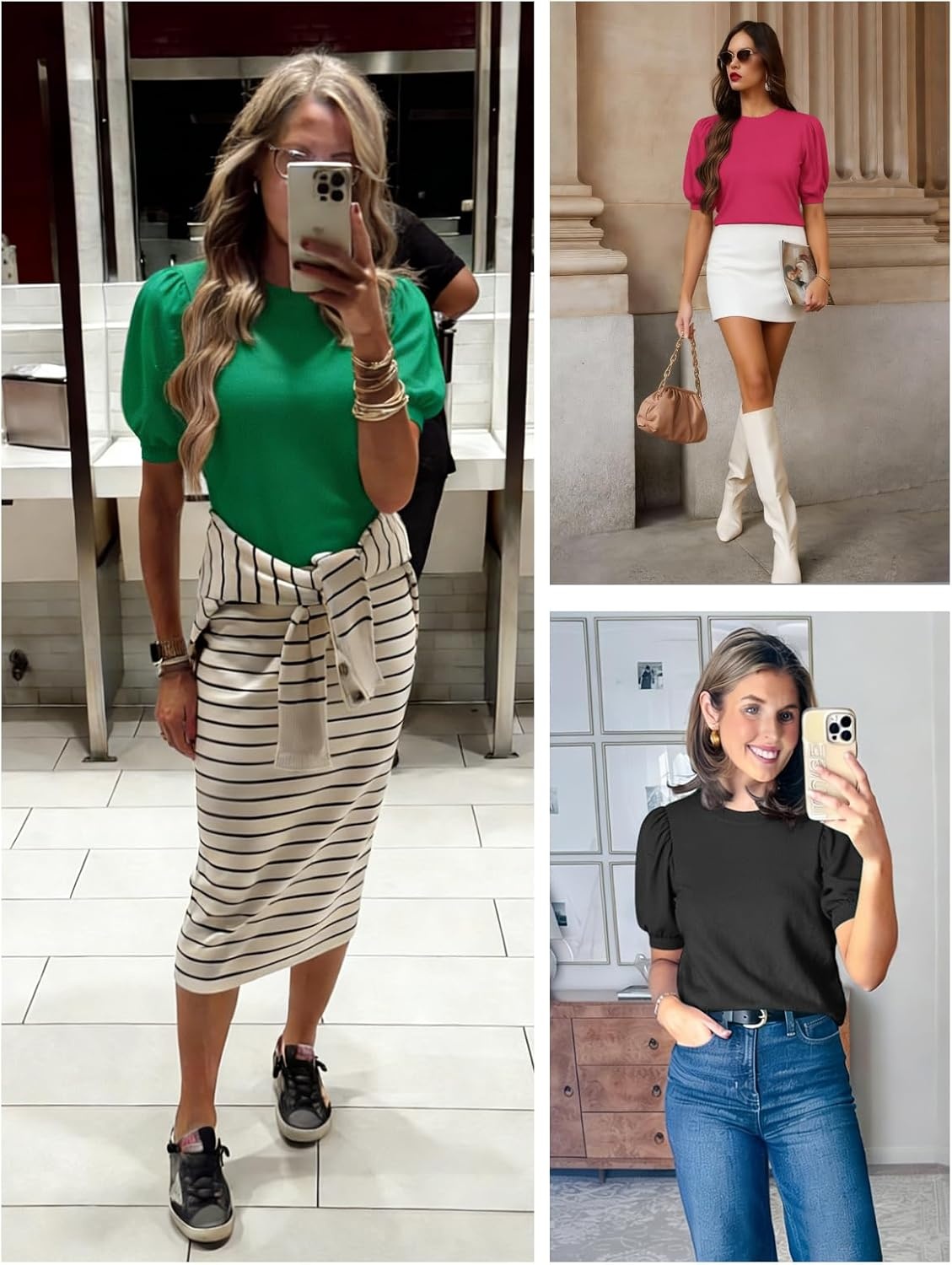 image:imageATHMILE Short Sleeve Sweater for Women 2026 Spring Summer Blouses Crewneck Knit Puff Sleeve Dressy Casual Trendy ShirtsSgreen