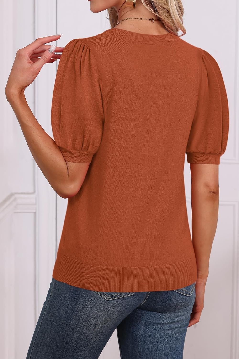 image:imageATHMILE Short Sleeve Sweater for Women 2026 Spring Summer Blouses Crewneck Knit Puff Sleeve Dressy Casual Trendy ShirtsSorange