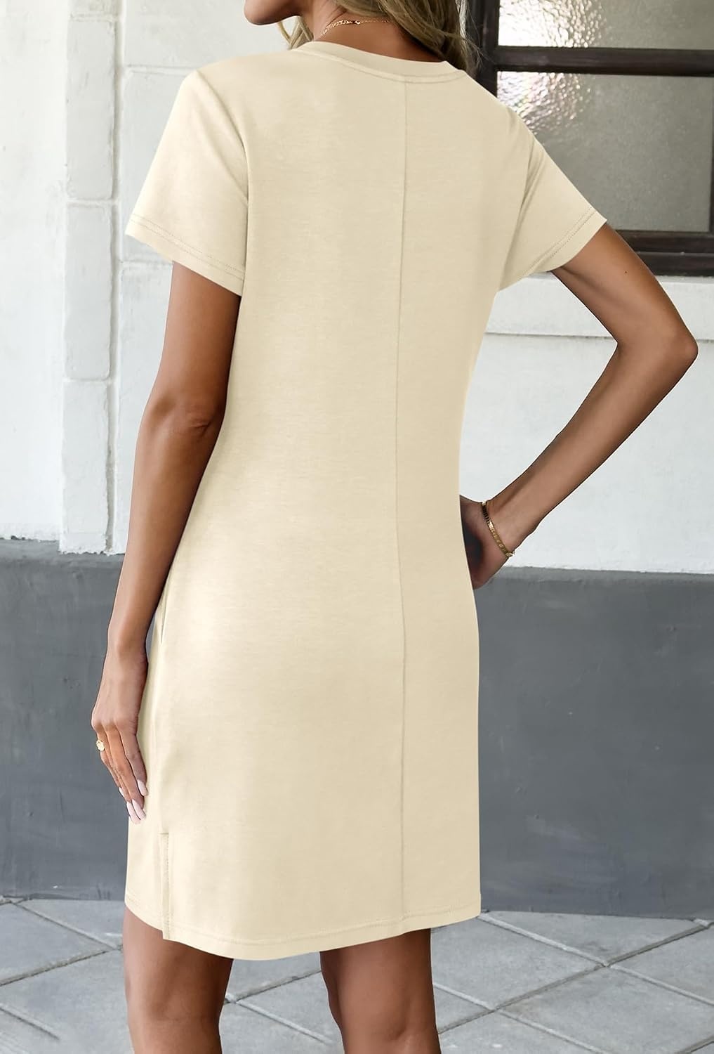 image:imageATHMILE Summer Casual Dresses for Women VNeck Beach Vacation Clothes Short Sleeve Split Hem Sundress with PocketsBeige