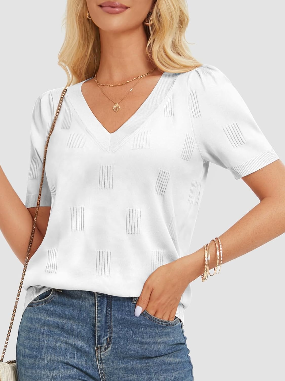 image:imageATHMILE Summer Tops for Women 2025 Short Sleeve V Neck Sweaters Dressy Casual Blouses Lightweight Thin Knit Fashion ShirtsWhite
