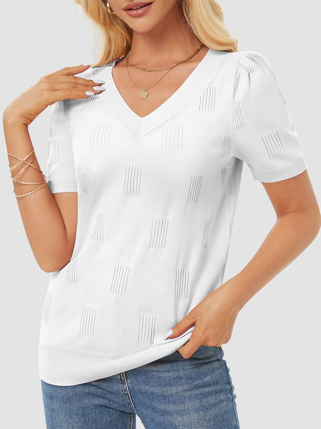 image:imageATHMILE Summer Tops for Women 2025 Short Sleeve V Neck Sweaters Dressy Casual Blouses Lightweight Thin Knit Fashion ShirtsWhite