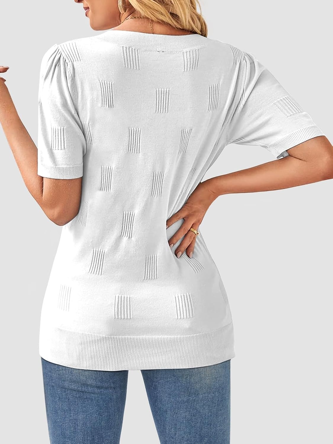 image:imageATHMILE Summer Tops for Women 2025 Short Sleeve V Neck Sweaters Dressy Casual Blouses Lightweight Thin Knit Fashion ShirtsWhite
