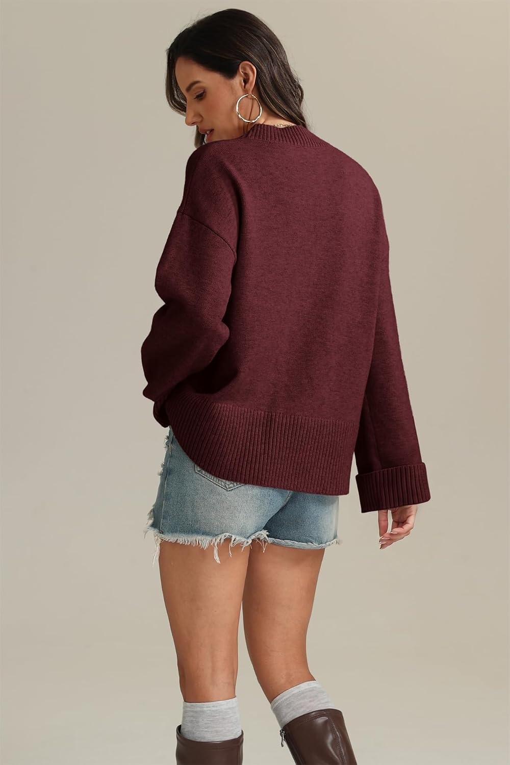image:imageATHMILE Sweaters for Women 2026 Fall Fashion Outfits Long Sleeve Loose Casual Crewneck Ribbed Knit Pullover Winter ClothesWine Red