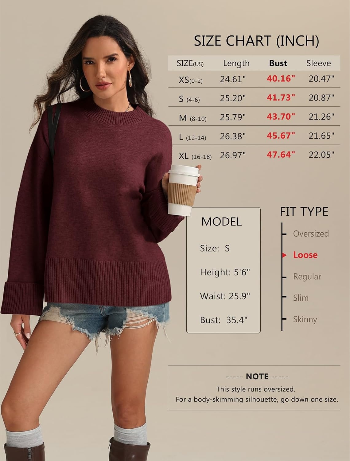 image:imageATHMILE Sweaters for Women 2026 Fall Fashion Outfits Long Sleeve Loose Casual Crewneck Ribbed Knit Pullover Winter ClothesWine Red