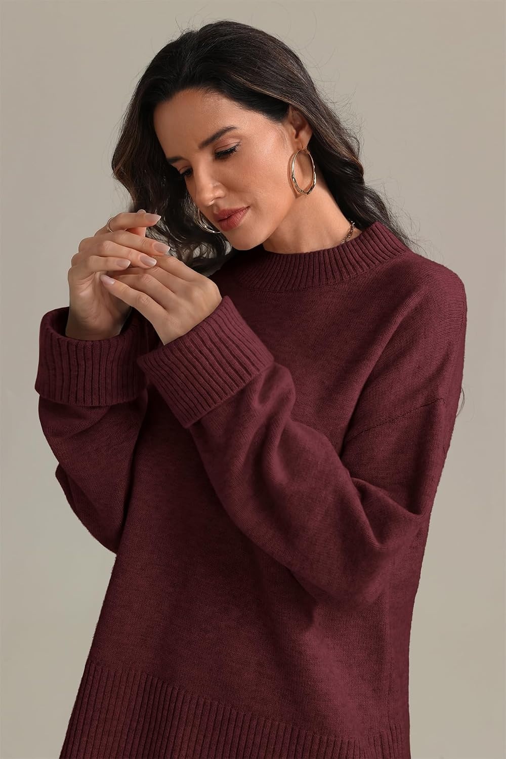 image:imageATHMILE Sweaters for Women 2026 Fall Fashion Outfits Long Sleeve Loose Casual Crewneck Ribbed Knit Pullover Winter ClothesWine Red