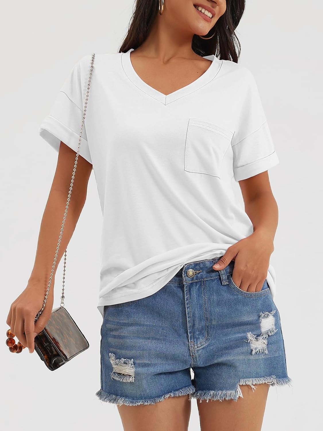 image:imageATHMILE T Shirts Short Sleeve V Neck Tees for Women Fashion Tops Trendy Casual Summer Outfits Clothes 2024White
