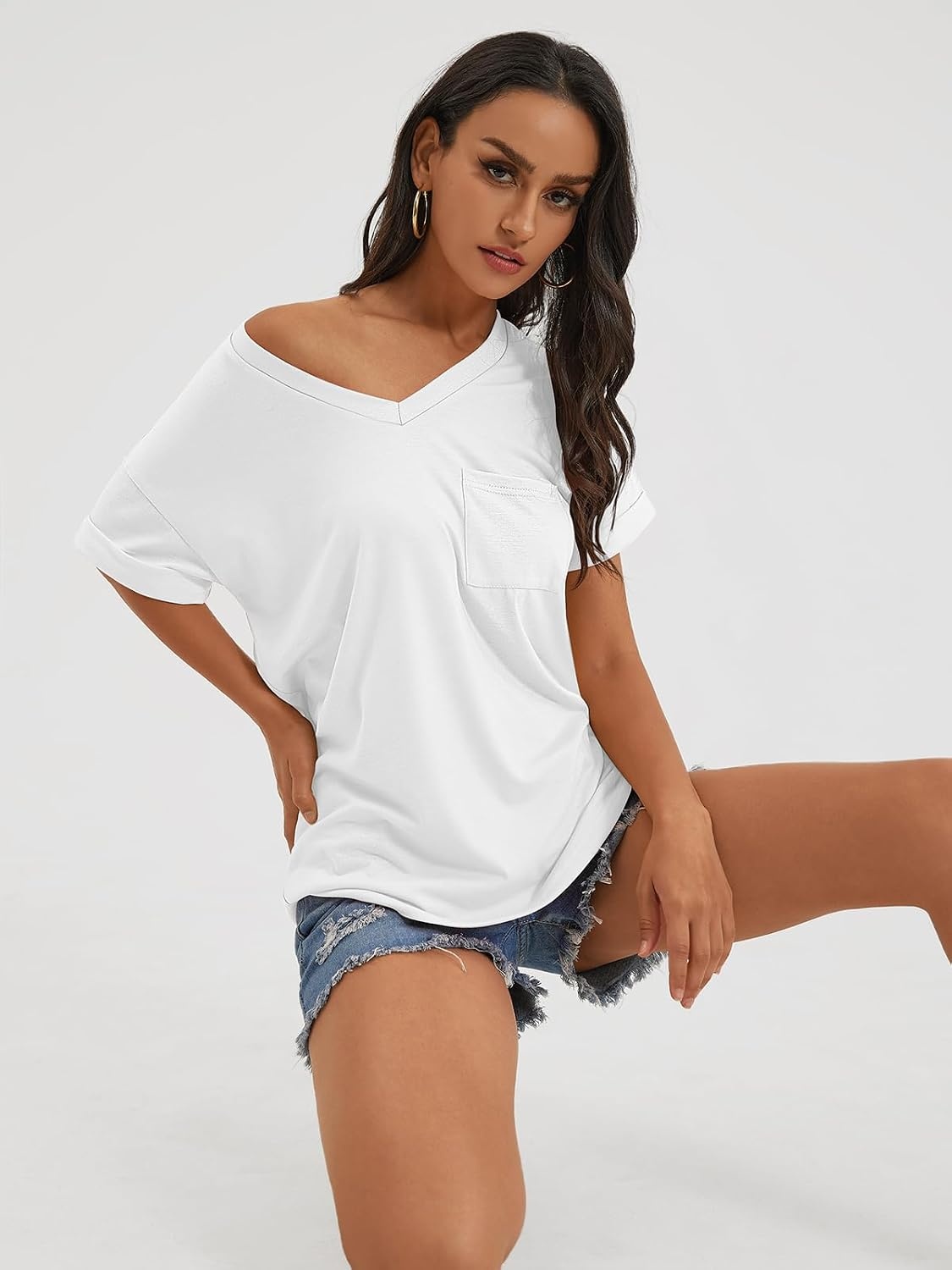 image:imageATHMILE T Shirts Short Sleeve V Neck Tees for Women Fashion Tops Trendy Casual Summer Outfits Clothes 2024White