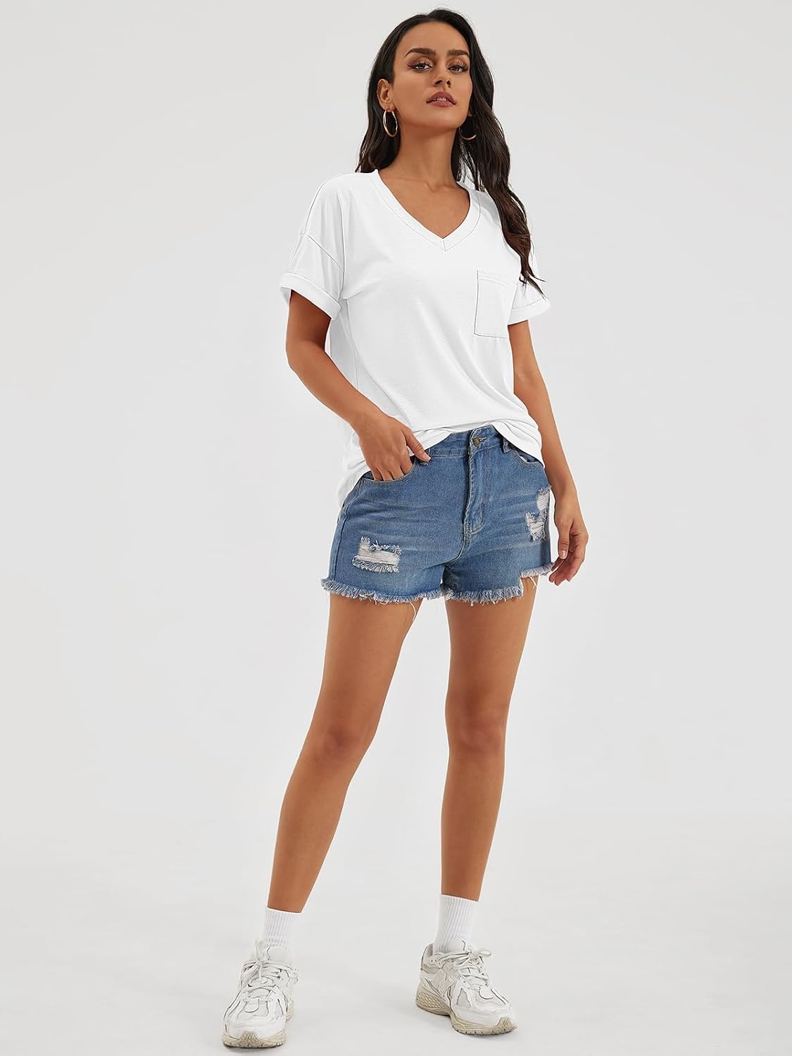 image:imageATHMILE T Shirts Short Sleeve V Neck Tees for Women Fashion Tops Trendy Casual Summer Outfits Clothes 2024White