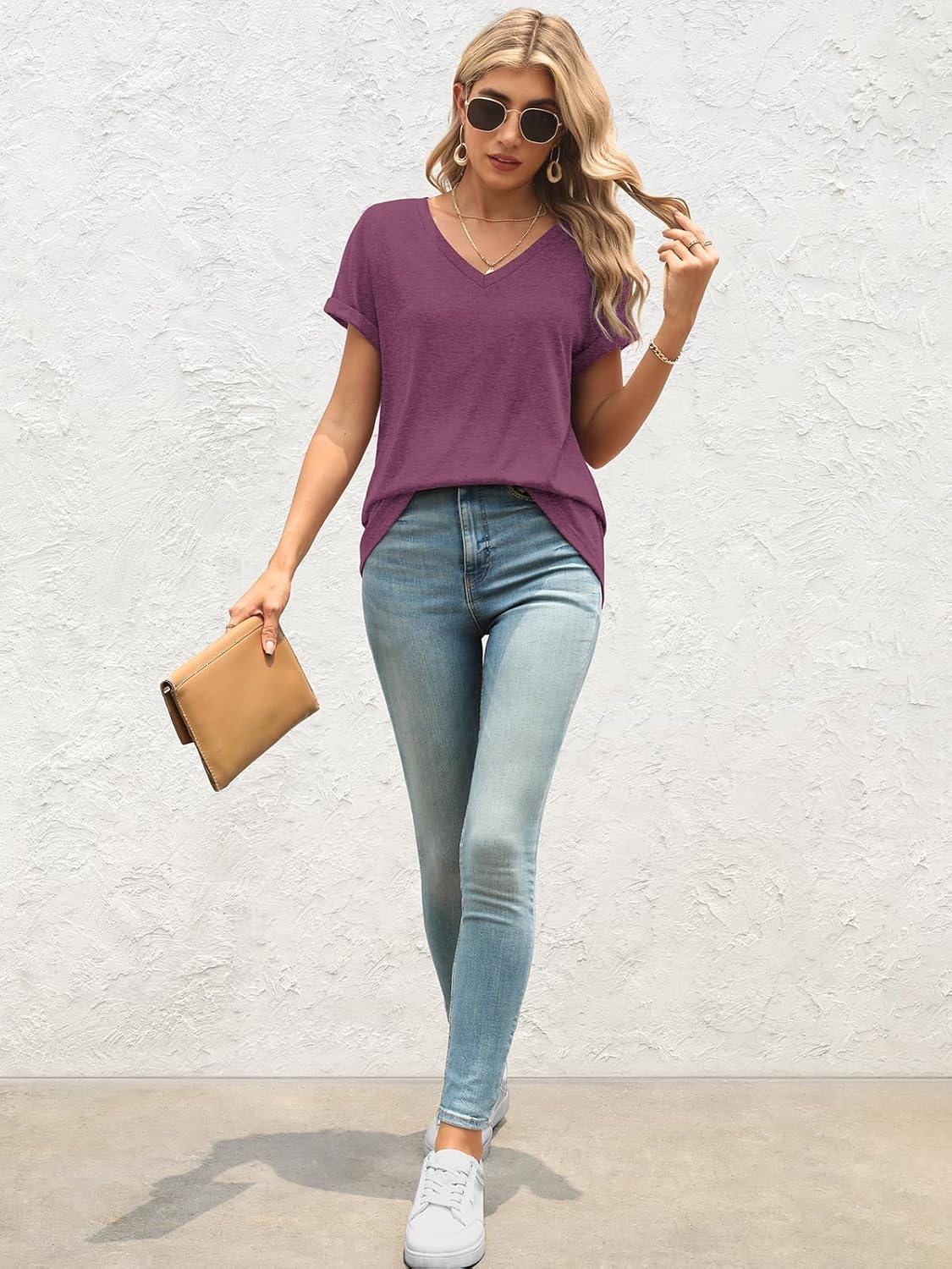 image:imageATHMILE T Shirts Short Sleeve V Neck Tees for Women Fashion Tops Trendy Lightweight Casual Summer Outfits Clothes 2026 BeachPurple
