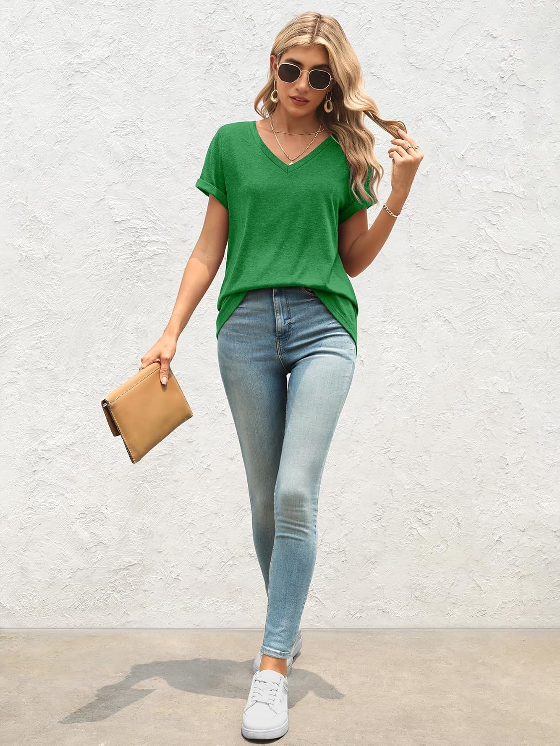 image:imageATHMILE T Shirts Short Sleeve V Neck Tees for Women Fashion Tops Trendy Lightweight Casual Summer Outfits Clothes 2026 BeachSan Pa Green