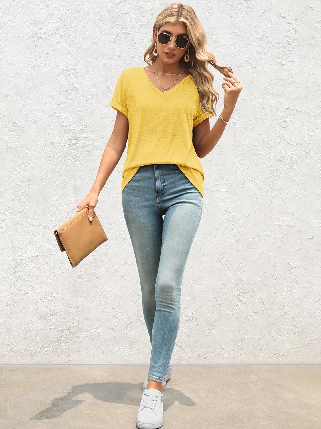 image:imageATHMILE T Shirts Short Sleeve V Neck Tees for Women Fashion Tops Trendy Lightweight Casual Summer Outfits Clothes 2026 BeachYellow