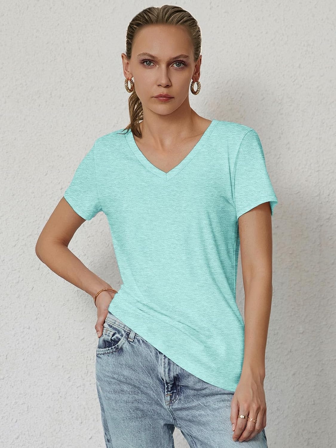 image:imageATHMILE T Shirts Short Sleeve V Neck Tees for Women Fashion Tops Trendy Soft Casual Summer Clothes Outfits 2026Aqua