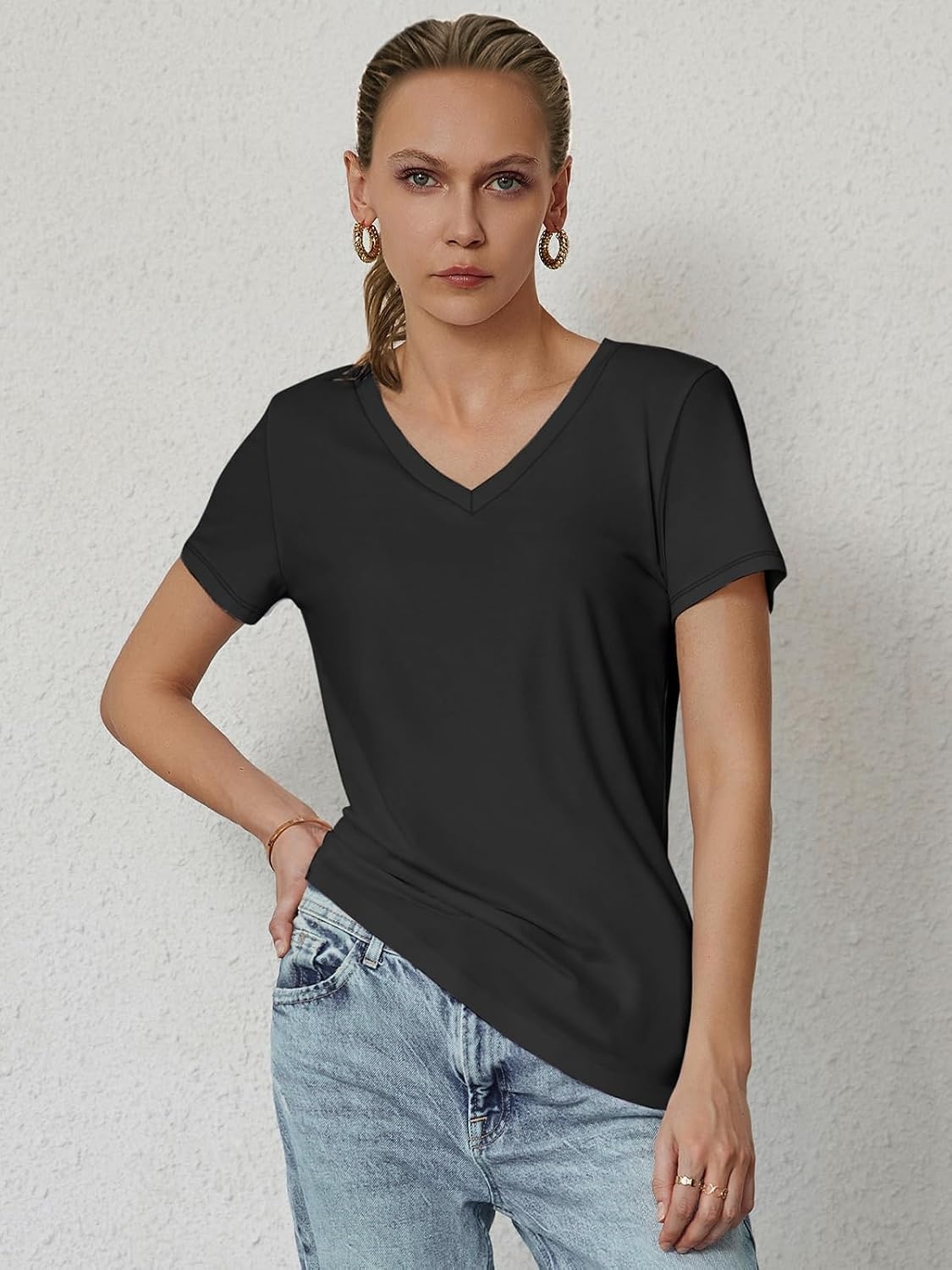 image:imageATHMILE T Shirts Short Sleeve V Neck Tees for Women Fashion Tops Trendy Soft Casual Summer Clothes Outfits 2026Black