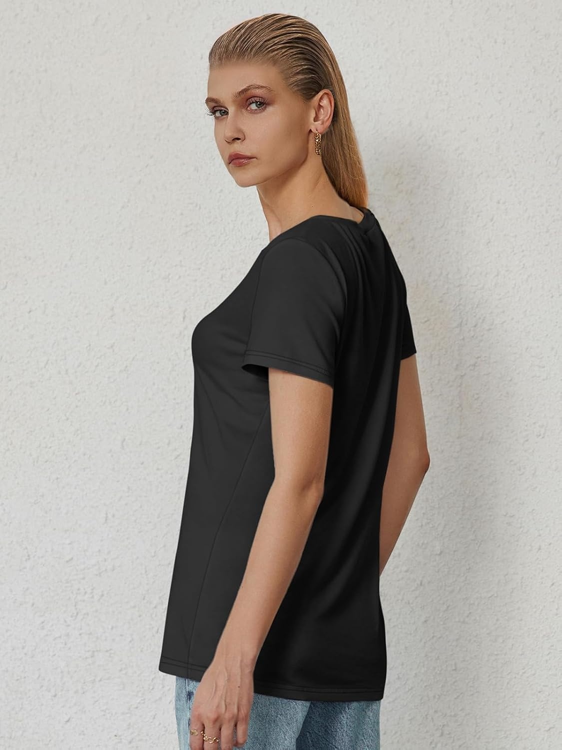 image:imageATHMILE T Shirts Short Sleeve V Neck Tees for Women Fashion Tops Trendy Soft Casual Summer Clothes Outfits 2026Black