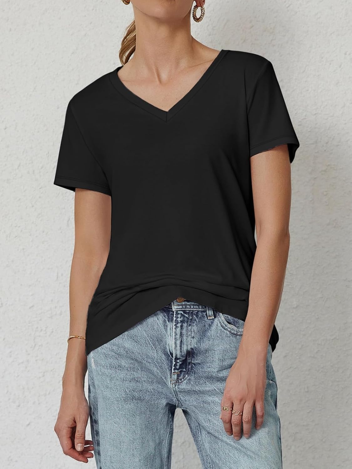 image:imageATHMILE T Shirts Short Sleeve V Neck Tees for Women Fashion Tops Trendy Soft Casual Summer Clothes Outfits 2026Black