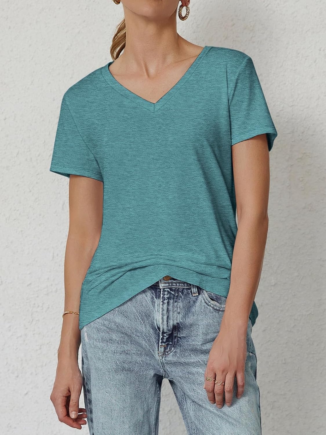image:imageATHMILE T Shirts Short Sleeve V Neck Tees for Women Fashion Tops Trendy Soft Casual Summer Clothes Outfits 2026Blue Green