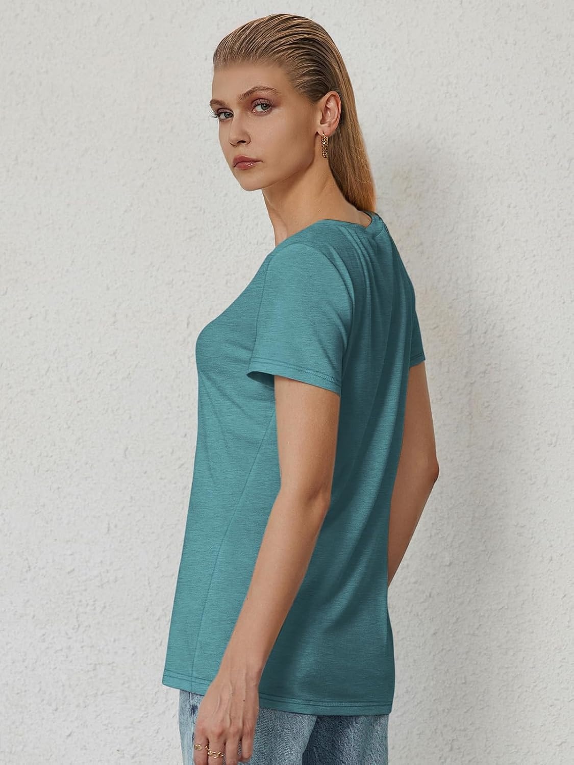 image:imageATHMILE T Shirts Short Sleeve V Neck Tees for Women Fashion Tops Trendy Soft Casual Summer Clothes Outfits 2026Blue Green