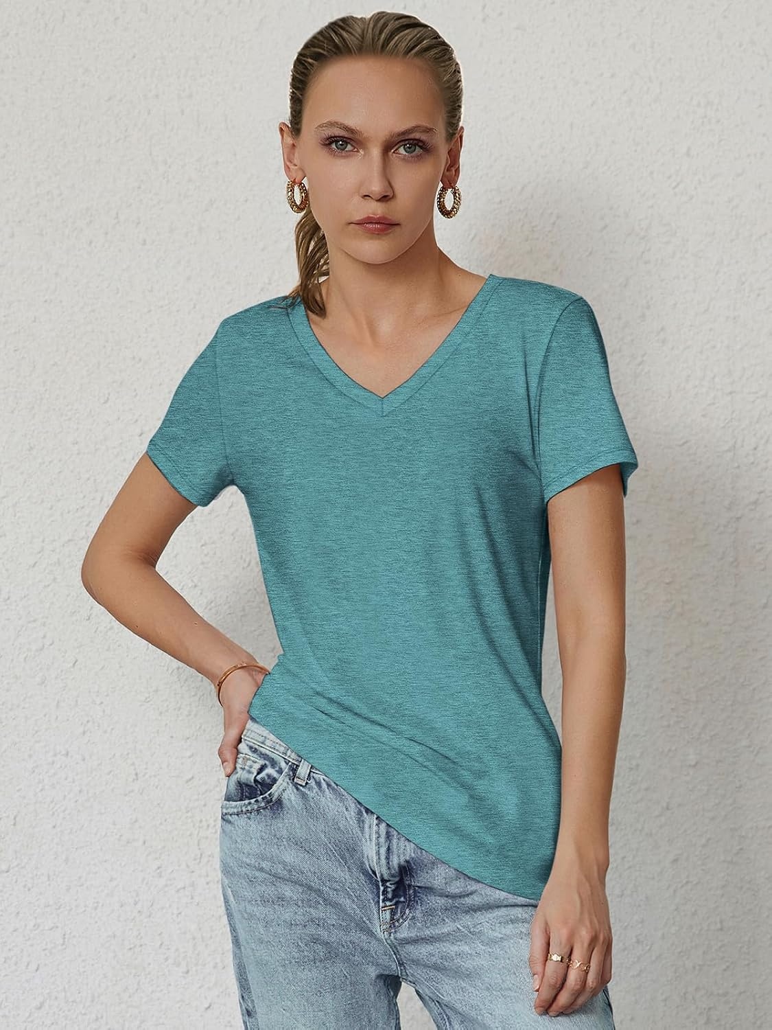 image:imageATHMILE T Shirts Short Sleeve V Neck Tees for Women Fashion Tops Trendy Soft Casual Summer Clothes Outfits 2026Blue Green