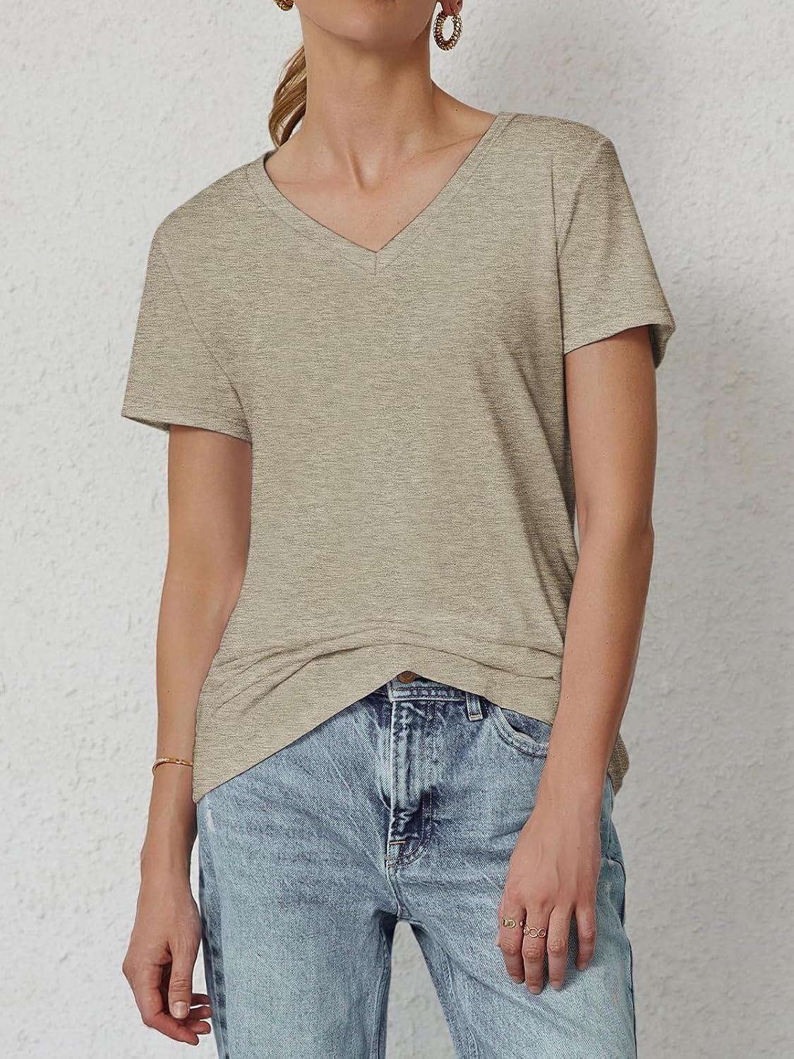image:imageATHMILE T Shirts Short Sleeve V Neck Tees for Women Fashion Tops Trendy Soft Casual Summer Clothes Outfits 2026Coffe Grey