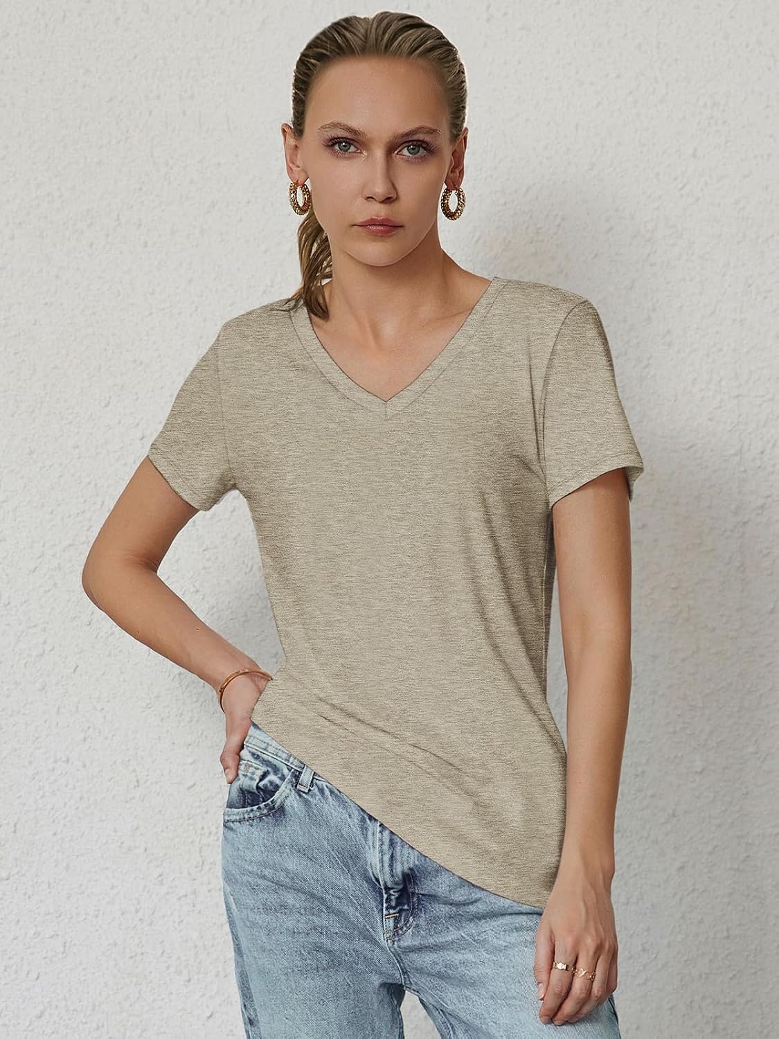 image:imageATHMILE T Shirts Short Sleeve V Neck Tees for Women Fashion Tops Trendy Soft Casual Summer Clothes Outfits 2026Coffe Grey