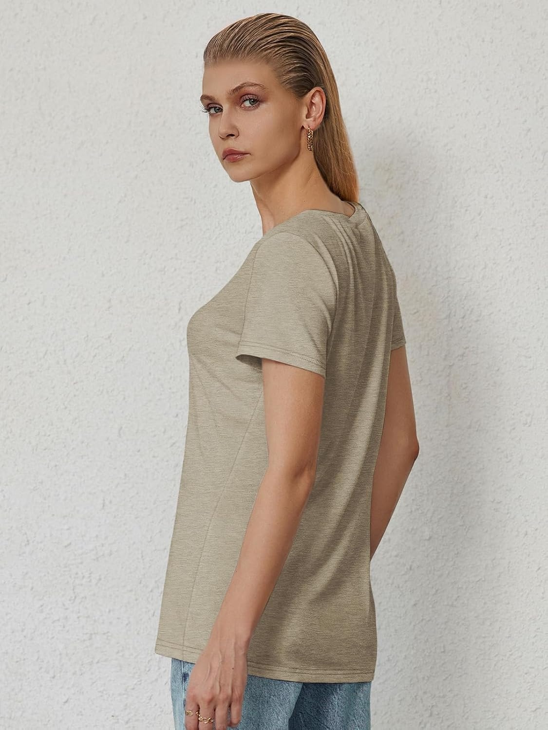 image:imageATHMILE T Shirts Short Sleeve V Neck Tees for Women Fashion Tops Trendy Soft Casual Summer Clothes Outfits 2026Coffe Grey