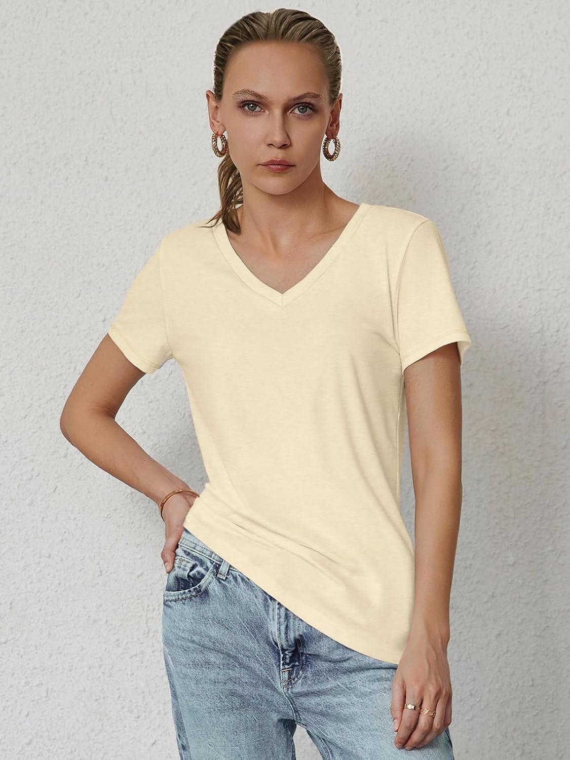 image:imageATHMILE T Shirts Short Sleeve V Neck Tees for Women Fashion Tops Trendy Soft Casual Summer Clothes Outfits 2026Cream