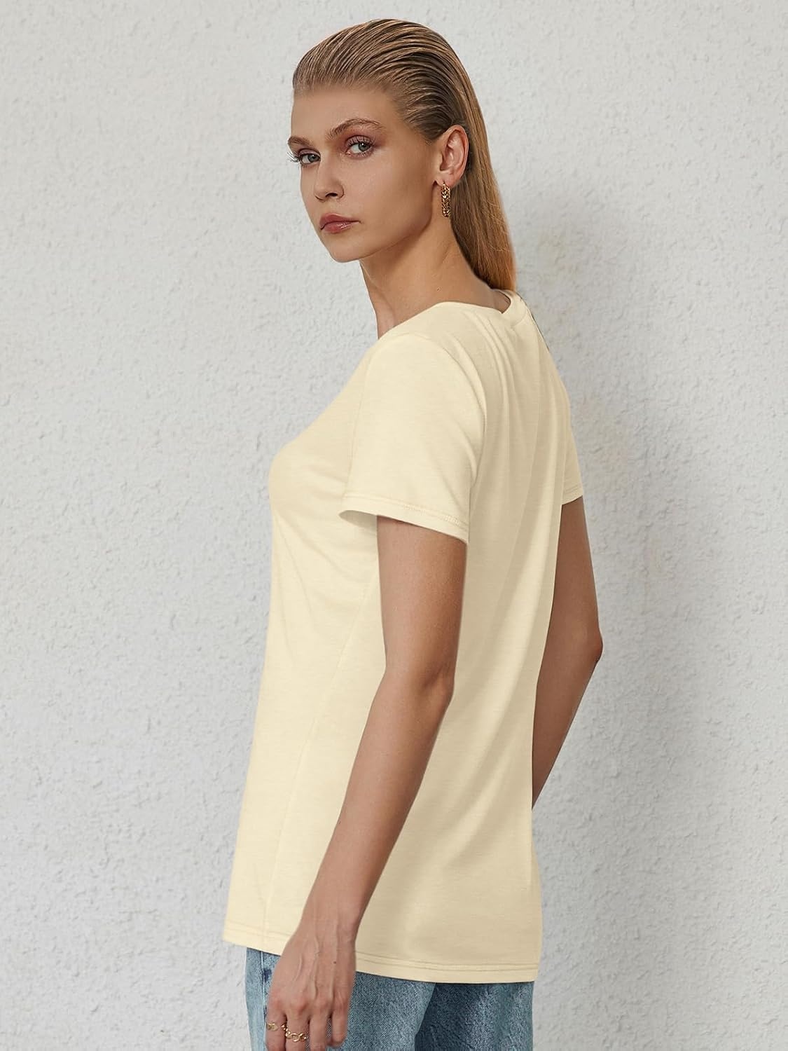 image:imageATHMILE T Shirts Short Sleeve V Neck Tees for Women Fashion Tops Trendy Soft Casual Summer Clothes Outfits 2026Cream