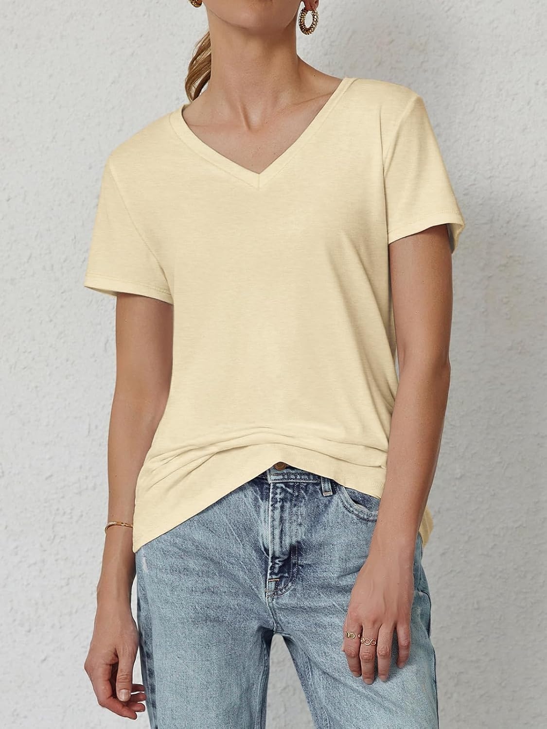 image:imageATHMILE T Shirts Short Sleeve V Neck Tees for Women Fashion Tops Trendy Soft Casual Summer Clothes Outfits 2026Cream