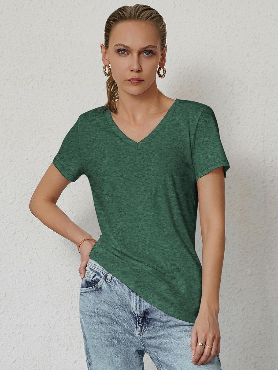 image:imageATHMILE T Shirts Short Sleeve V Neck Tees for Women Fashion Tops Trendy Soft Casual Summer Clothes Outfits 2026Dark Green