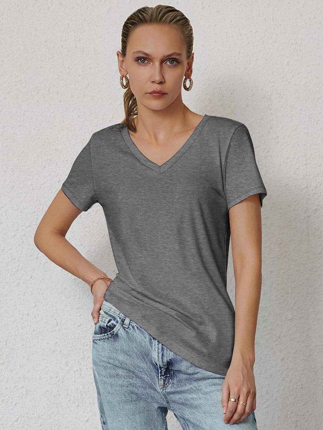 image:imageATHMILE T Shirts Short Sleeve V Neck Tees for Women Fashion Tops Trendy Soft Casual Summer Clothes Outfits 2026Gray
