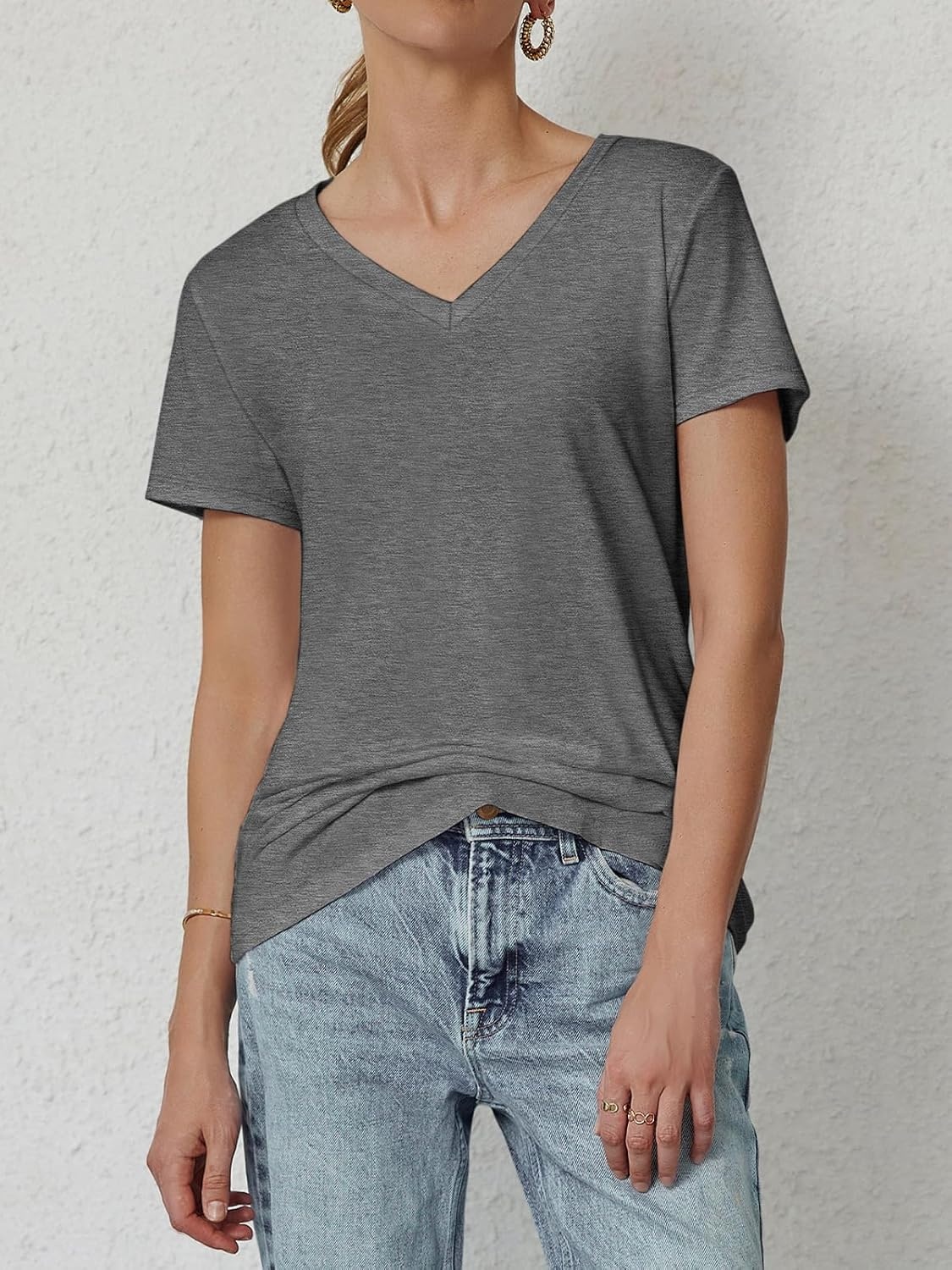 image:imageATHMILE T Shirts Short Sleeve V Neck Tees for Women Fashion Tops Trendy Soft Casual Summer Clothes Outfits 2026Gray